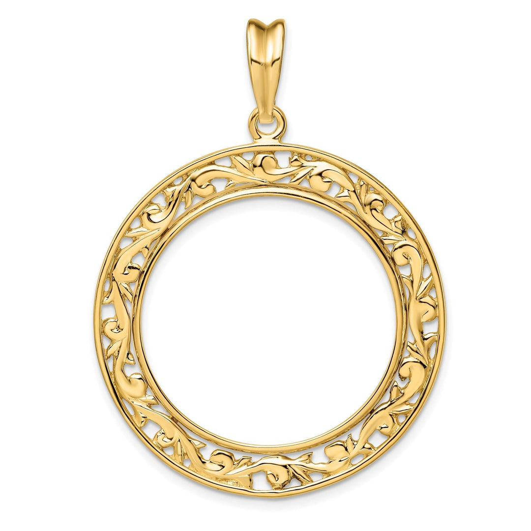 14K Gold Coin Bezel Mounting with Carved Floral Filigree Design