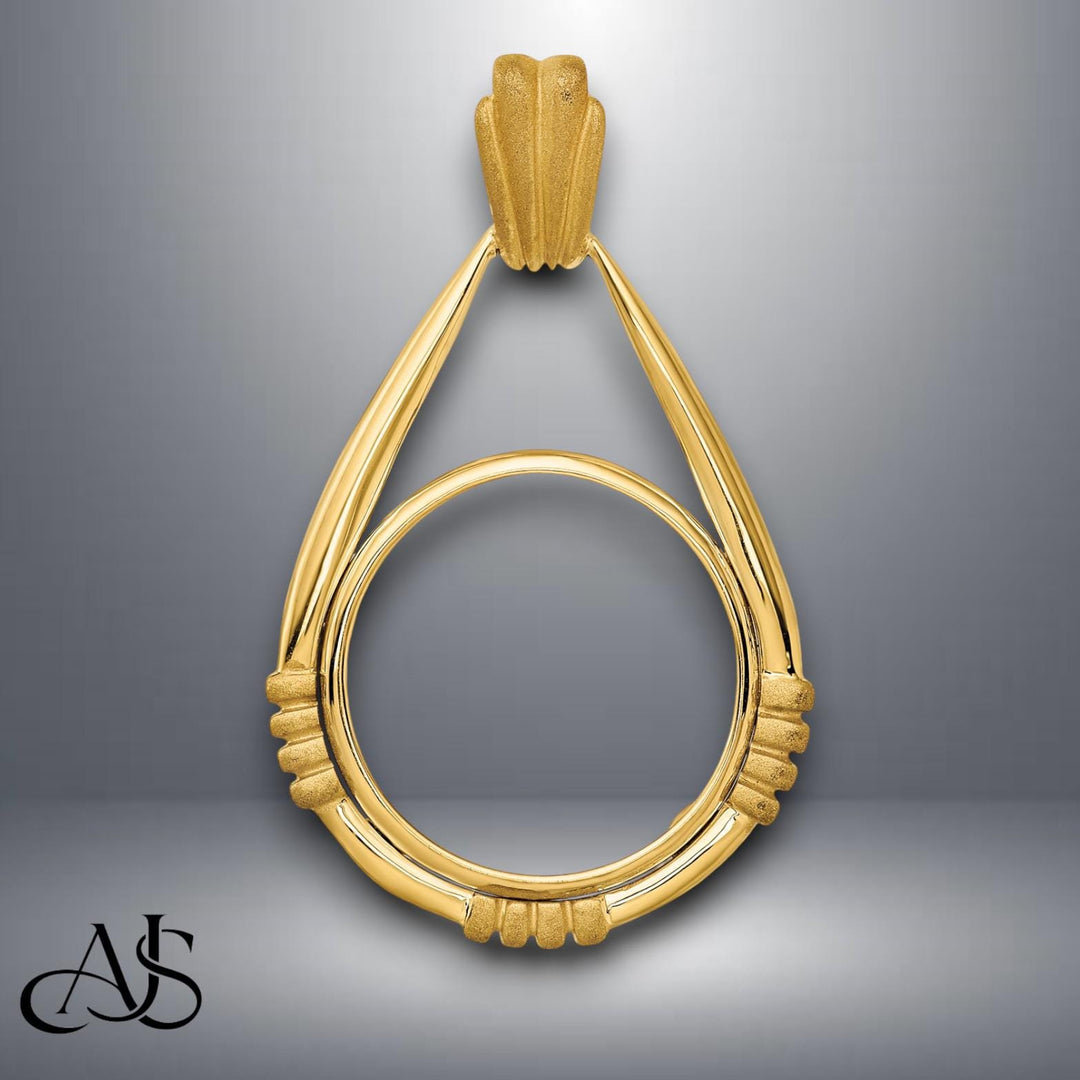 14K Gold Teardrop Coin Bezel Mounting: Fluted Satin Station (16.5mm & 22mm)