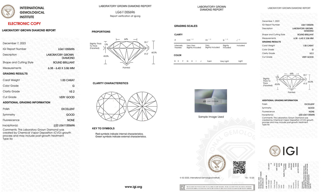 Certified 1 Carat Lab Grown Round Loose Diamonds - Clarity/Color VS2 G - with IGI Certification