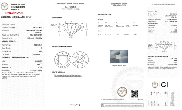 Certified 1 Carat Lab Grown Round Loose Diamonds - Clarity/Color VS2 G - with IGI Certification