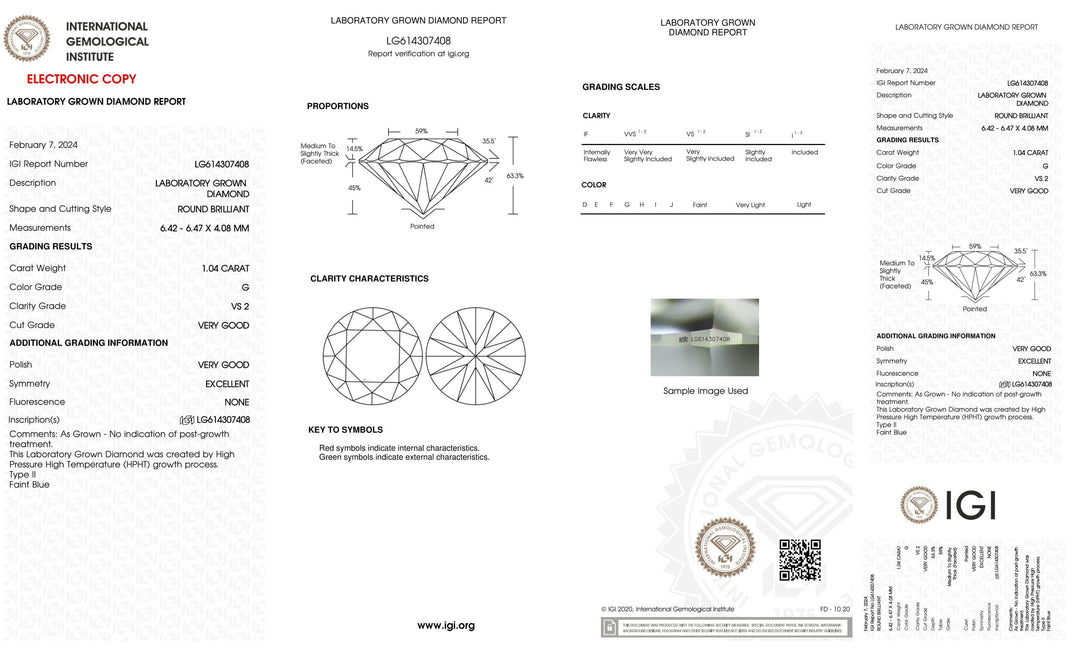 Certified 1 Carat Lab Grown Round Loose Diamonds - Clarity/Color VS2 G - with IGI Certification
