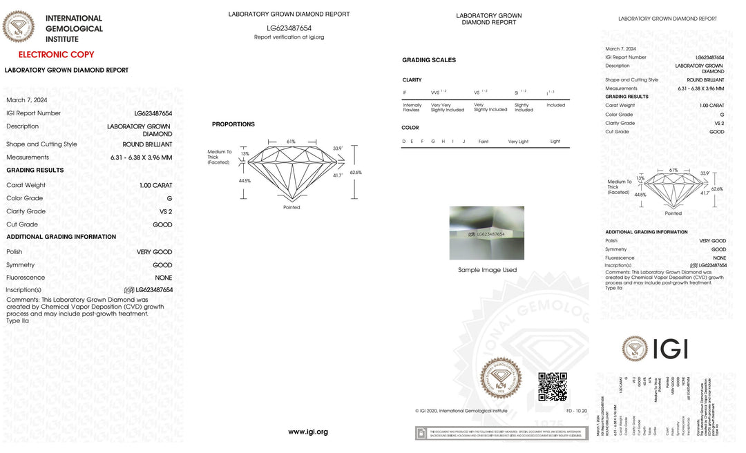 Certified 1 Carat Lab Grown Round Loose Diamonds - Clarity/Color VS2 G - with IGI Certification