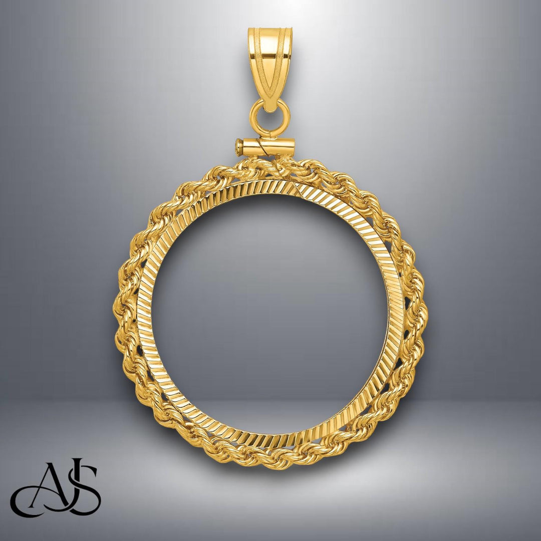 14K Gold Coin Bezel: Rope Design Screw-top Mounting for US & Foreign Coins