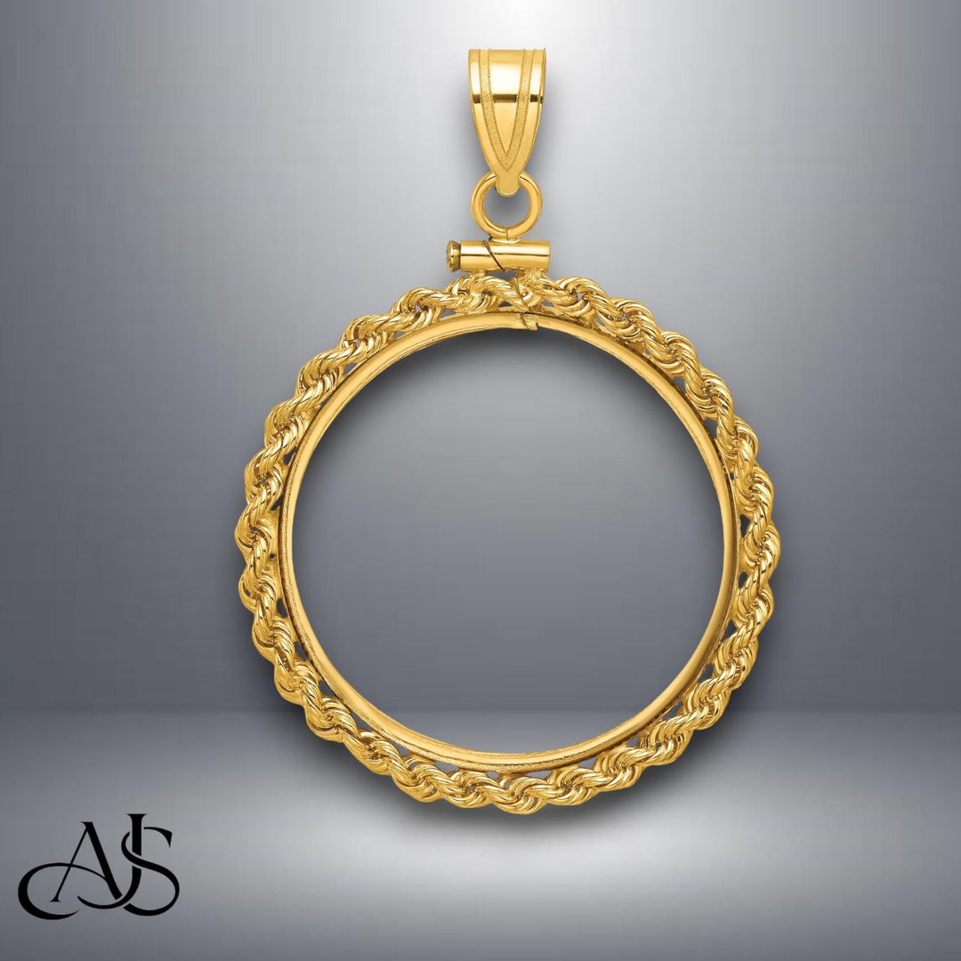 14K Gold Coin Bezel: Rope Design Screw-top Mounting for US & Foreign Coins