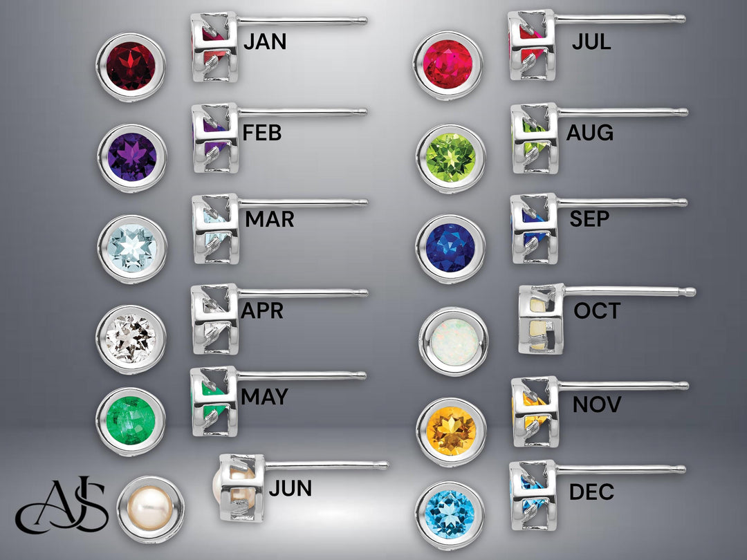 14K Gold Birthstone Stud Earrings: Natural Gemstone Bezel Set