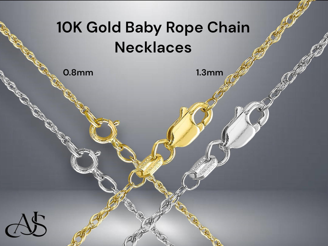 Solid 10K Yellow or White Gold Baby Rope Pendant Chain in 0.8mm and 1.3mm