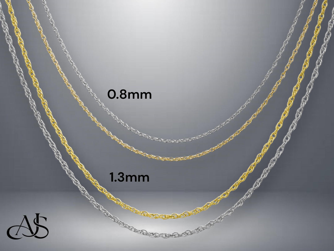 Solid 10K Yellow or White Gold Baby Rope Pendant Chain in 0.8mm and 1.3mm