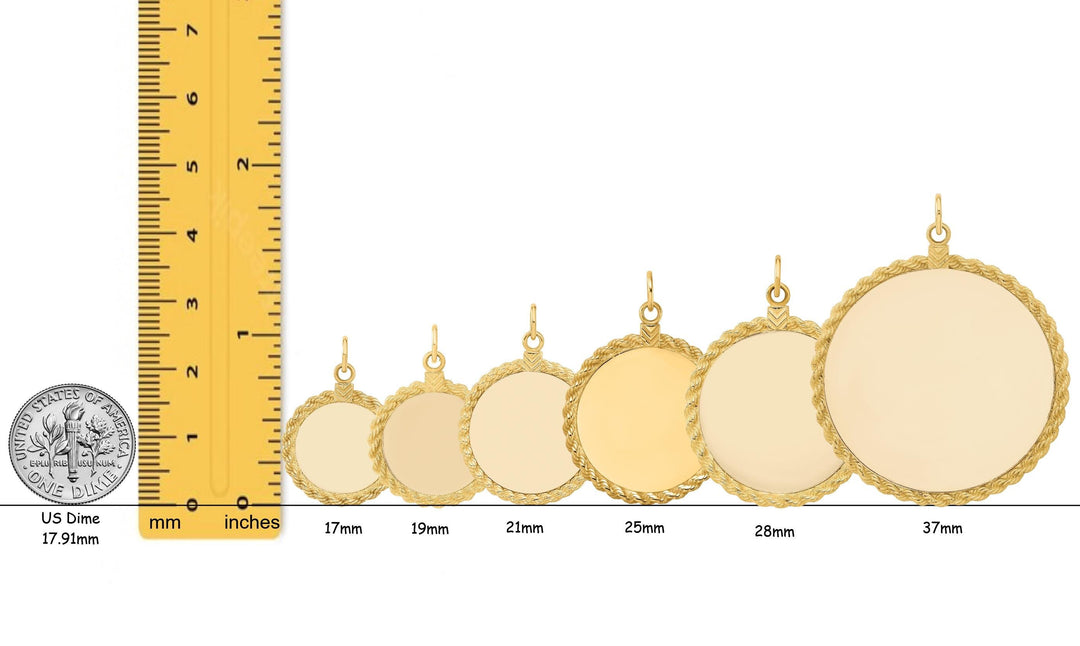 14K Gold Engravable Disc Pendant: Rope Border Charm (17-37mm)