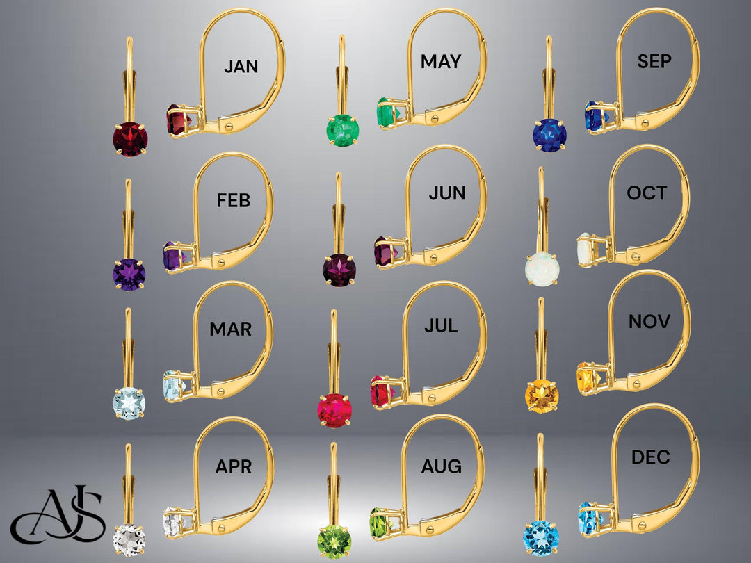 14K Gold Birthstone Earrings: 4mm Round Leverback Mountings