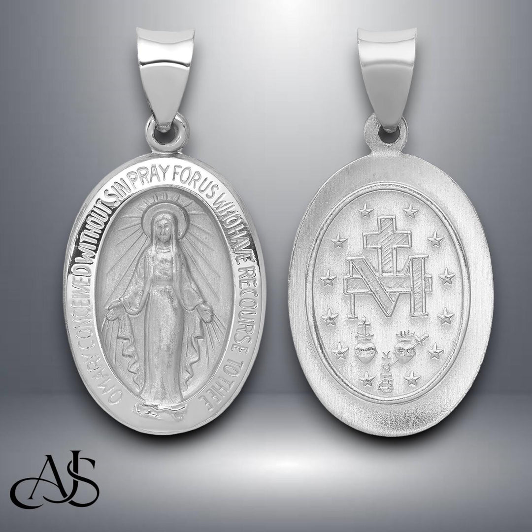 14K White Gold Miraculous Medal Pendant Oval - Size: 22x14mm
