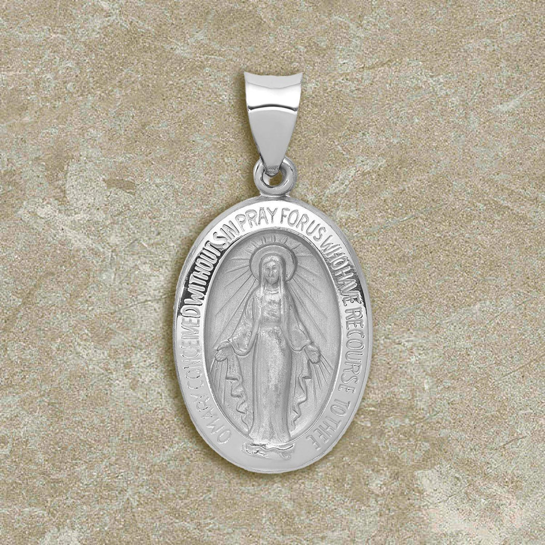 14K White Gold Miraculous Medal Pendant Oval - Size: 22x14mm