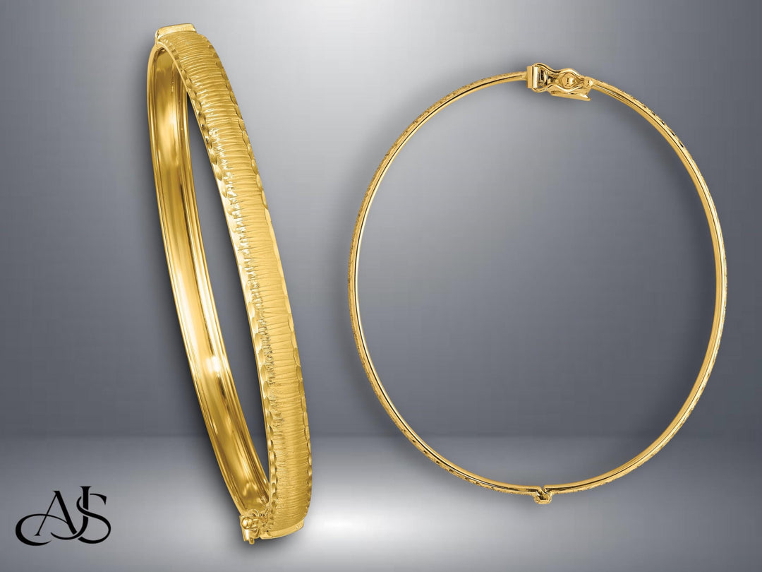 14K Gold Bangle Bracelet Hinged Diamond-cut Texture Design in 5mm 8.5mm and 12mm widths
