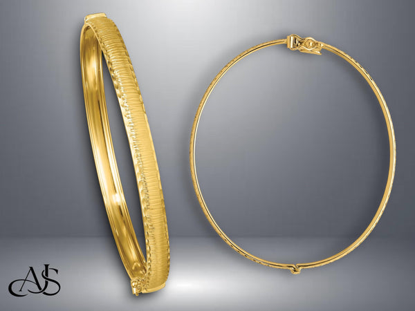 14K Gold Bangle Bracelet Hinged Diamond-cut Texture Design in 5mm 8.5mm and 12mm widths