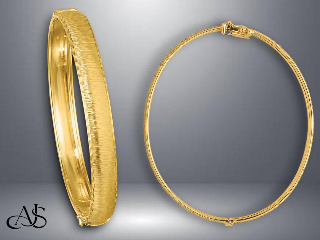 14K Gold Bangle Bracelet Hinged Diamond-cut Texture Design in 5mm 8.5mm and 12mm widths