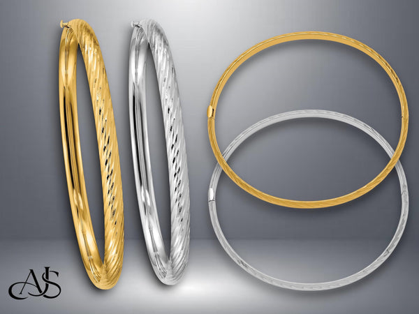 14K Gold Hinged Bangle Bracelet: Diamond-Cut Twist, Yellow or White Gold