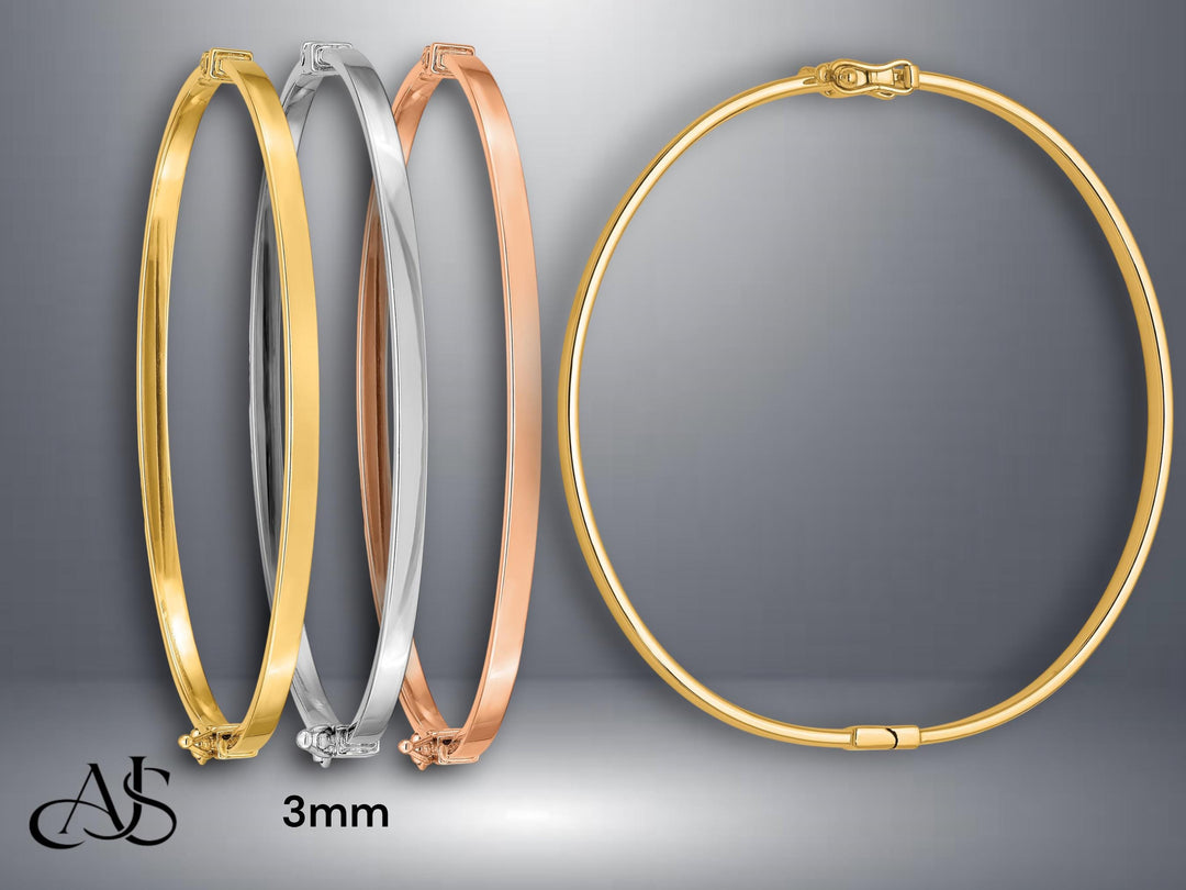 14K Gold Bangle Bracelet: Stackable Hinged Design, 3mm/4mm Width