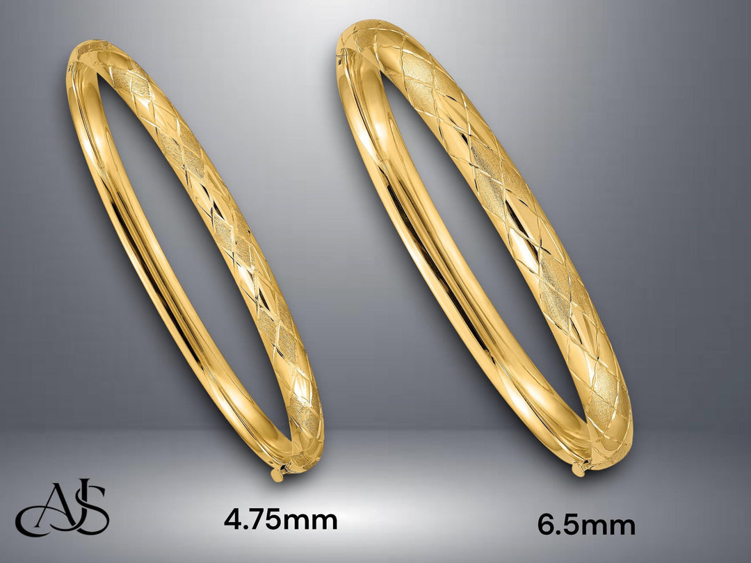 14K Gold Bangle Bracelet Fancy Diamond Cut Design in 4.75mm or 6.5mm
