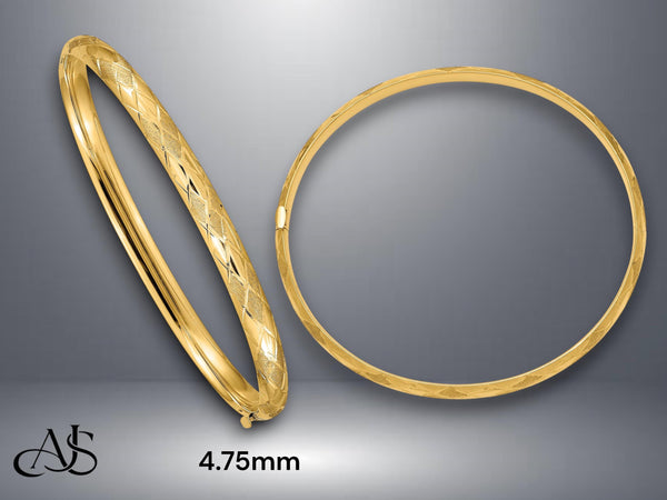 14K Gold Bangle Bracelet Fancy Diamond Cut Design in 4.75mm or 6.5mm