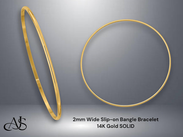 14K Solid Gold Bangle Bracelet: Yellow or White, Custom Engraving