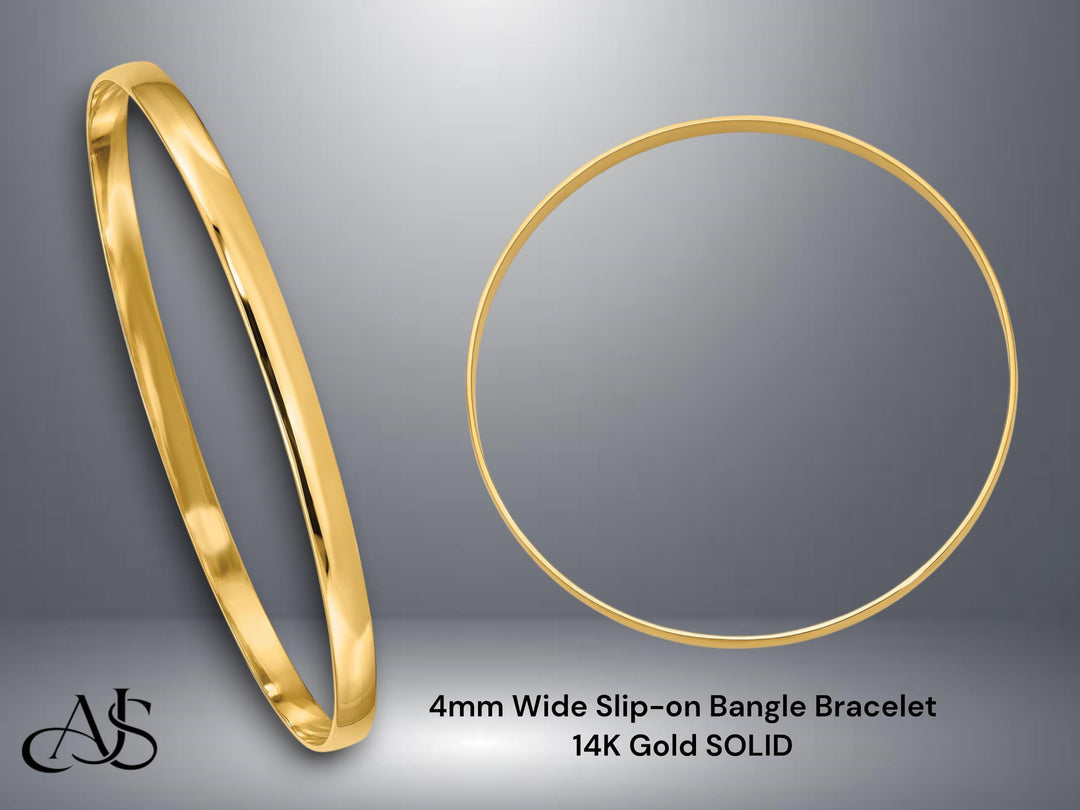 14K Solid Gold Bangle Bracelet: Yellow or White, Custom Engraving