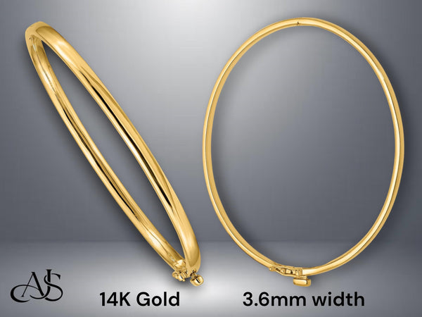 14K Gold Totally Solid Hinged Bangle Bracelets - 3.6mm 5.6mm and 6.4mm widths
