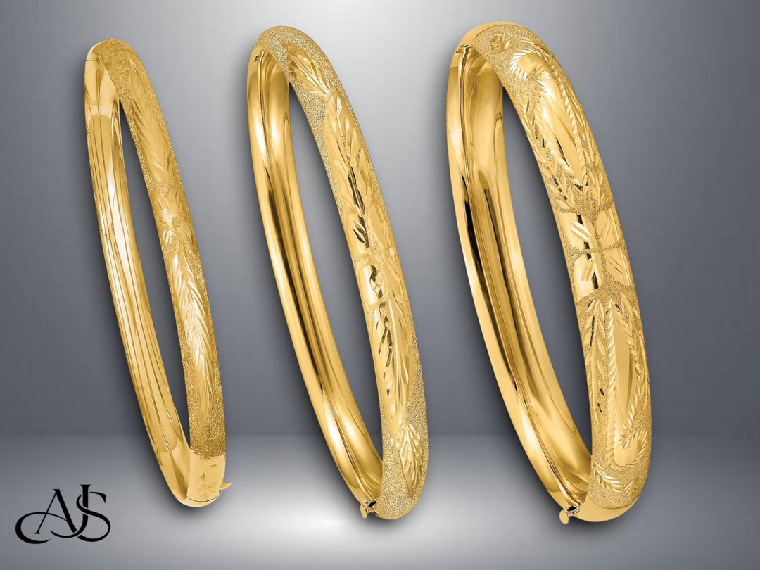 14K Gold Hand Engraved Bangle Bracelet: Diamond-Cut Finish