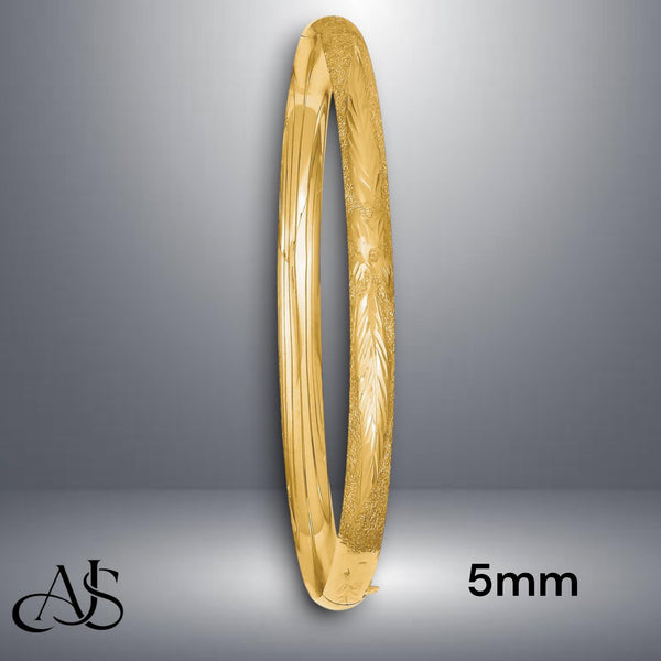 14K Gold Hand Engraved Bangle Bracelet: Diamond-Cut Finish