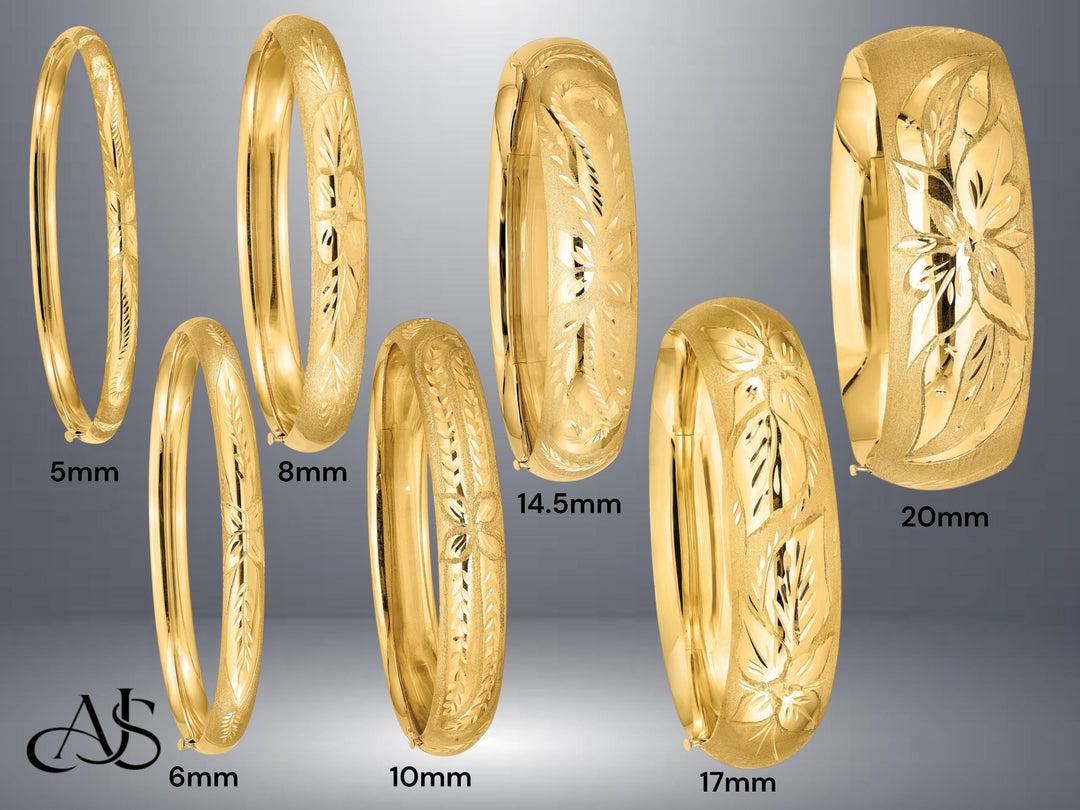 14K Gold Hand Engraved Bangle Bracelet: Diamond-Cut Floral Design