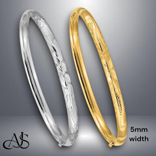 14K Gold Hand Engraved Bangle Bracelet: Diamond-Cut Floral Design
