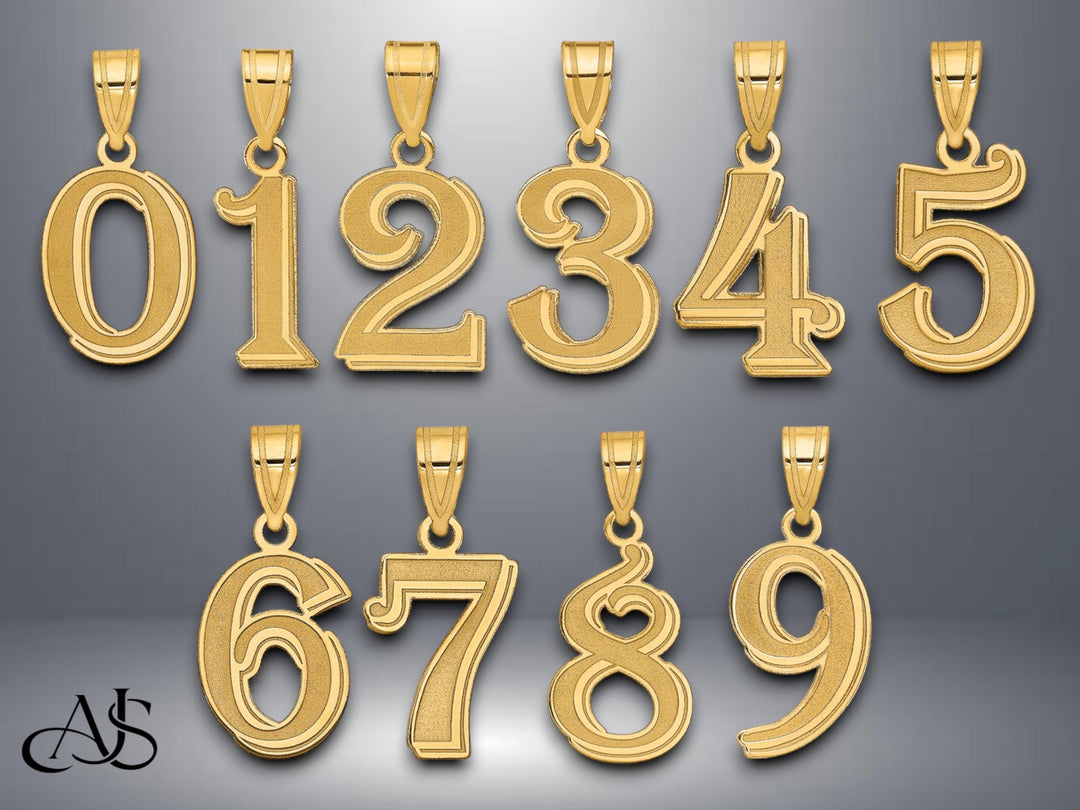 14K Gold Number Pendant: Etched Script Font, Yellow or White Gold