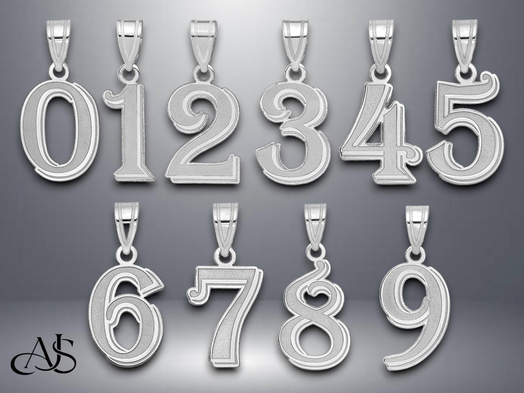 14K Gold Number Pendant: Etched Script Font, Yellow or White Gold