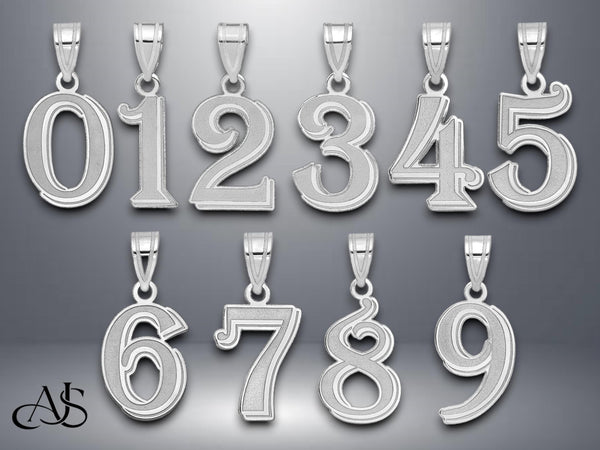 14K Gold Number Pendant: Etched Script Font, Yellow or White Gold