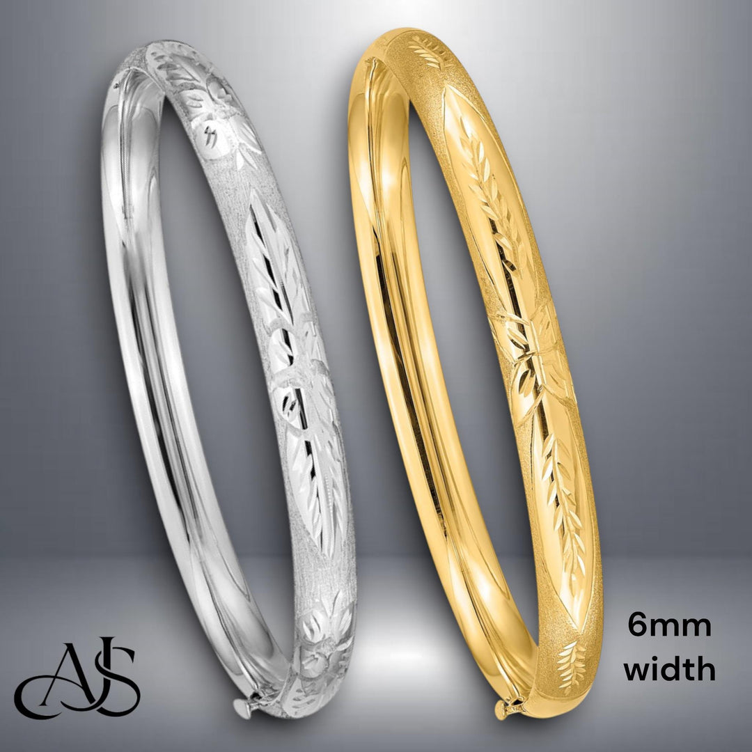 14K Gold Hand Engraved Bangle Bracelet: Diamond-Cut Floral Design