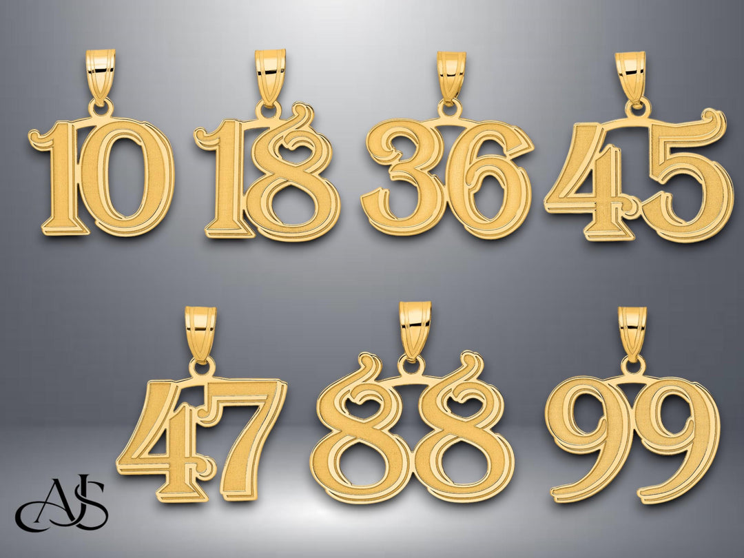 14K Gold Number Pendant: Etched Script Font, Yellow or White Gold