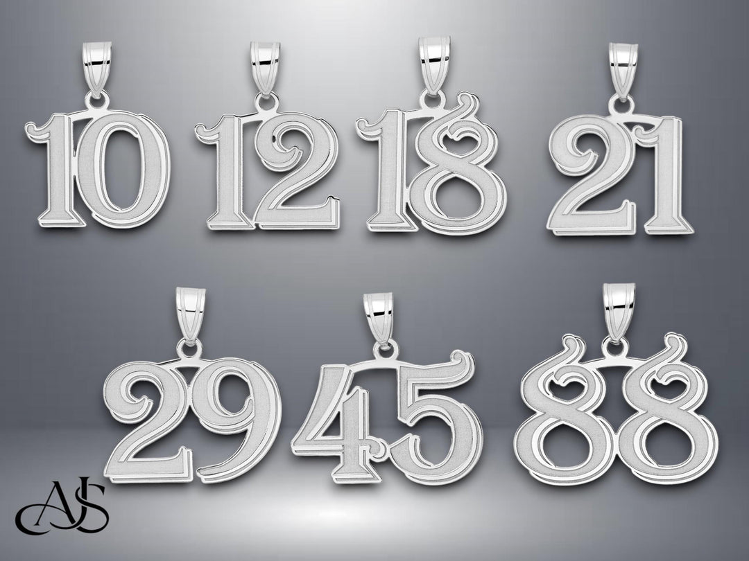 14K Gold Number Pendant: Etched Script Font, Yellow or White Gold