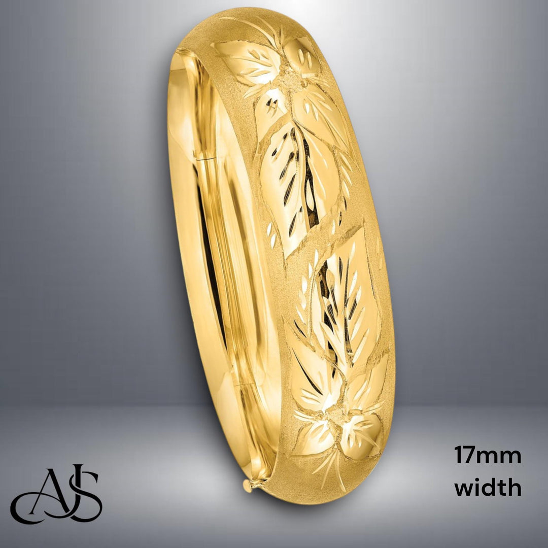 14K Gold Hand Engraved Bangle Bracelet: Diamond-Cut Floral Design