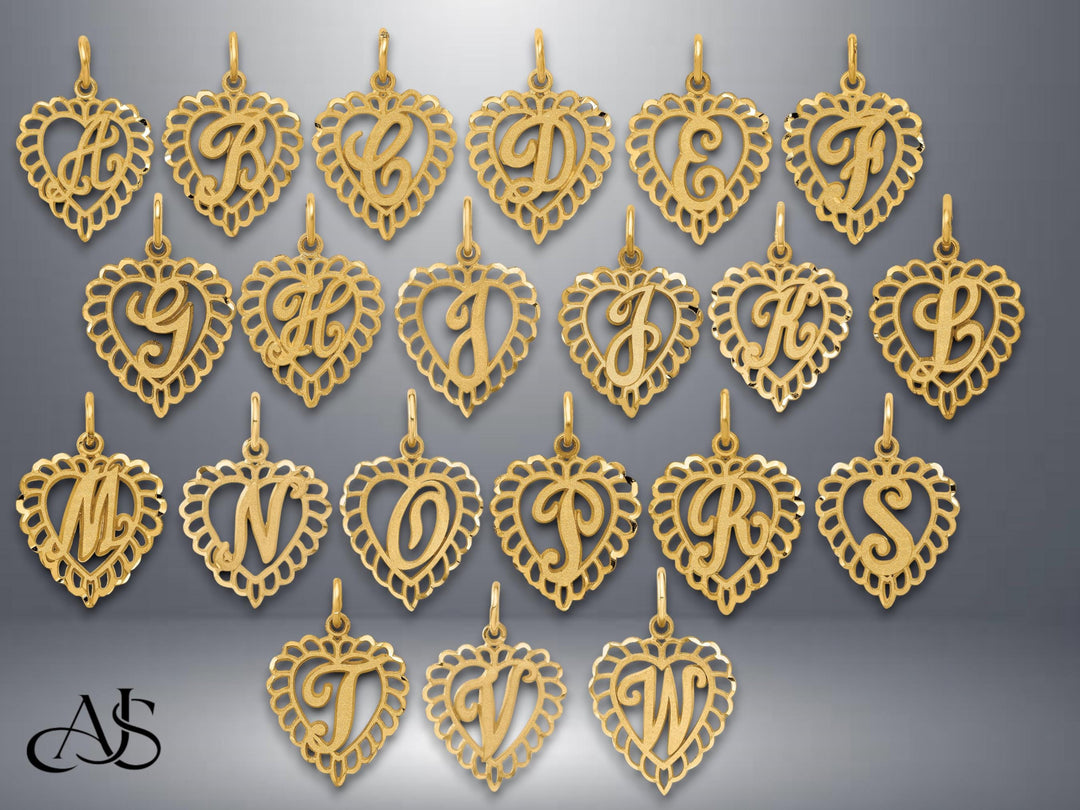 Solid 14K and 10K Gold Heart Shape Filigree Border Letters Pendant Charms