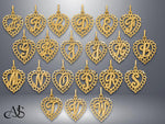 Load image into Gallery viewer, Solid 14K and 10K Gold Heart Shape Filigree Border Letters Pendant Charms
