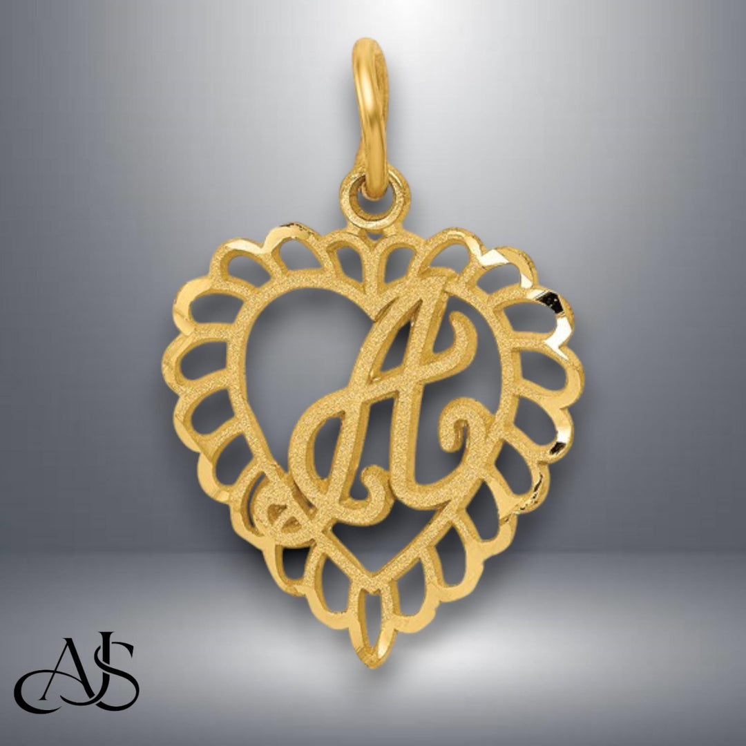Solid 14K and 10K Gold Heart Shape Filigree Border Letters Pendant Charms