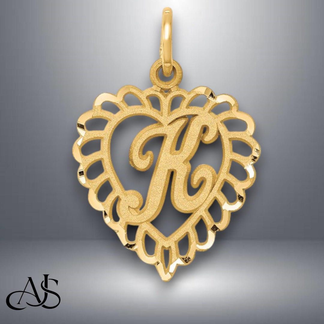 Solid 14K and 10K Gold Heart Shape Filigree Border Letters Pendant Charms