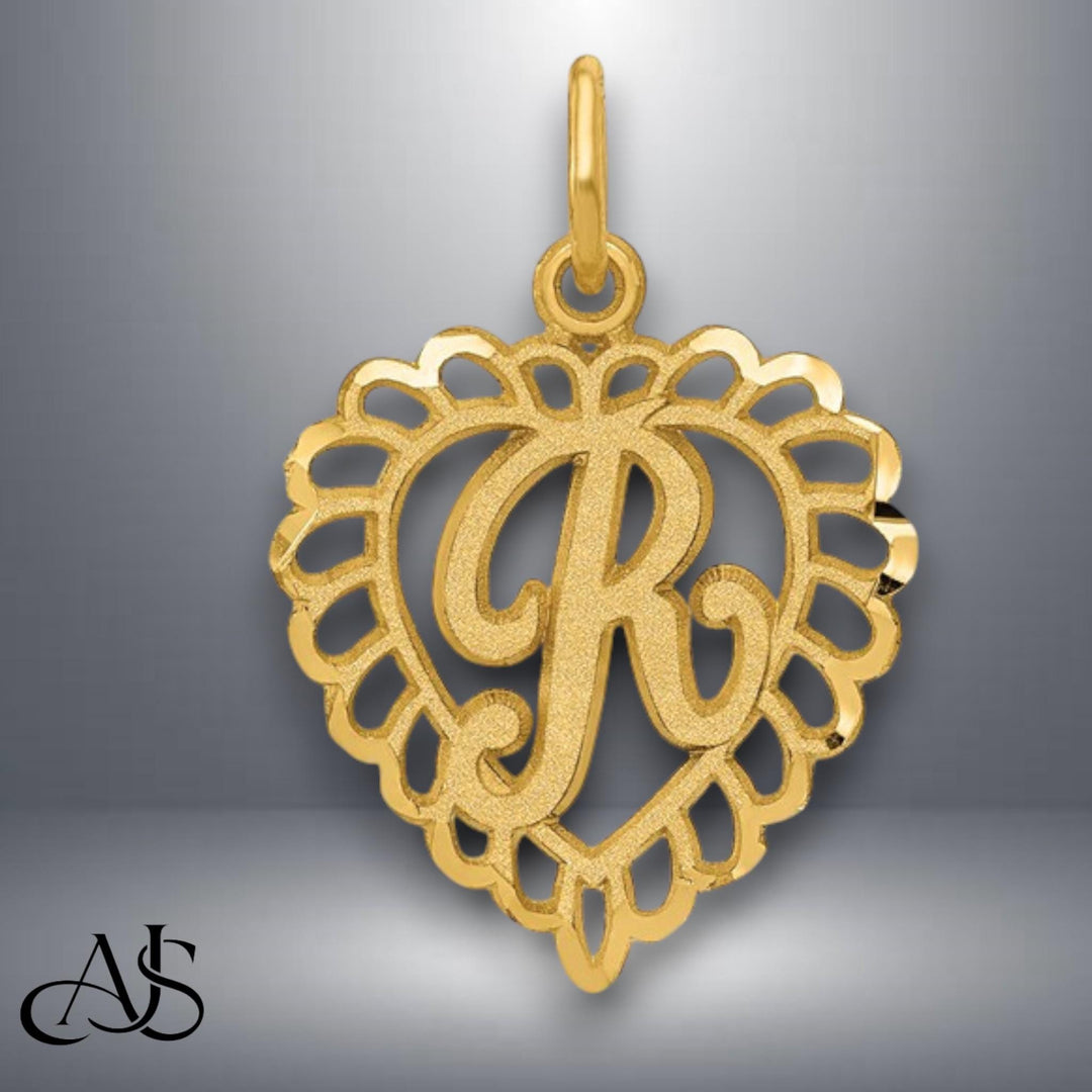 Solid 14K and 10K Gold Heart Shape Filigree Border Letters Pendant Charms