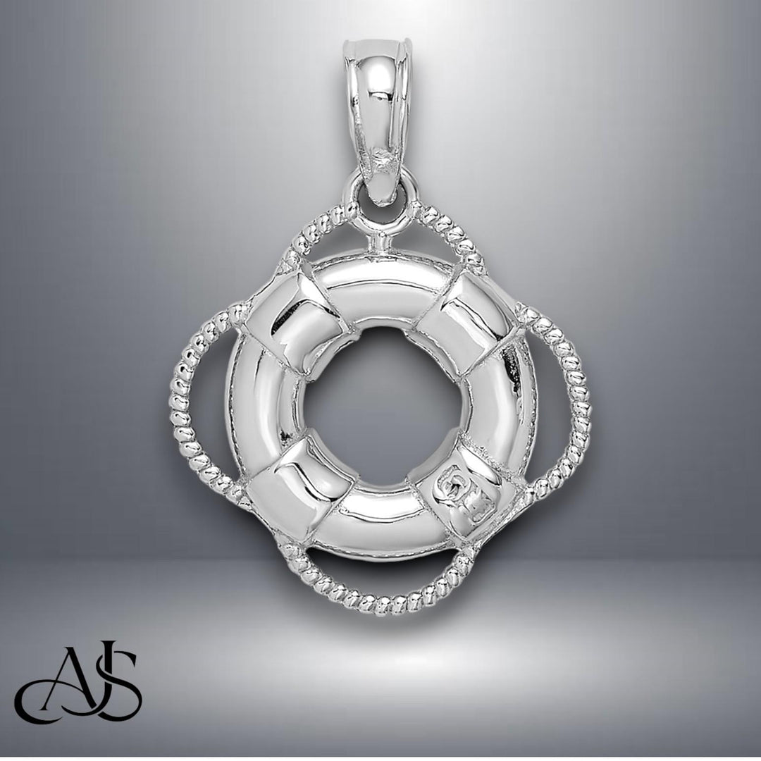 14K White Gold 3D Lifesaver Ring Pendant Charm with Necklace Chain Options