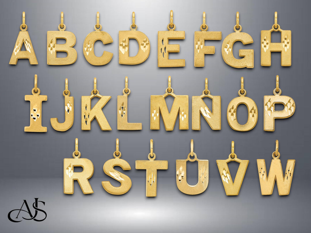 10K/14K Gold Block Letter Charm: Diamond-Cut Satin Pendant