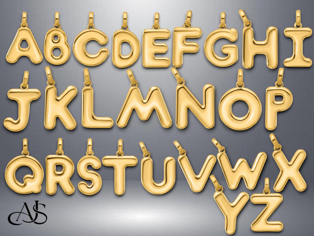 Solid 14K Gold Alphabet Soup Style Balloon Font Letter Pendant Charm - All Letters A-Z