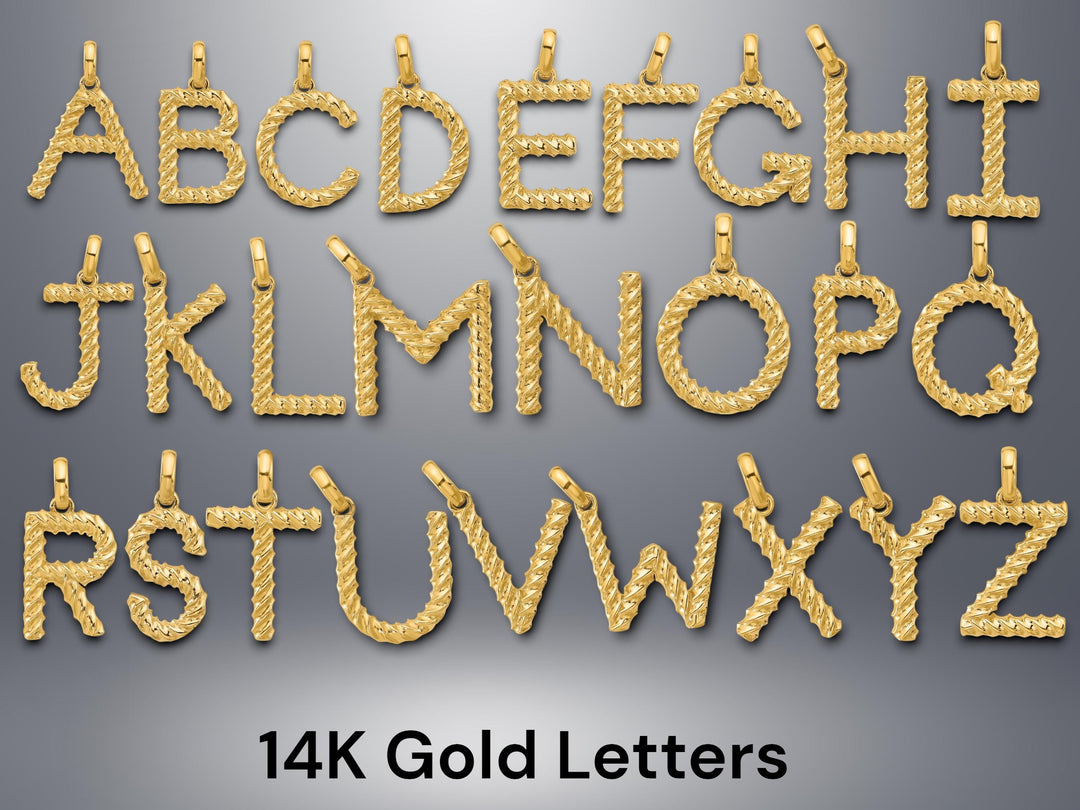 Solid 14K Gold Twist Design Block Letter Pendant Charm - All Letters A-Z