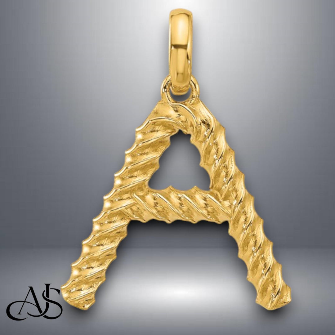 Solid 14K Gold Twist Design Block Letter Pendant Charm - All Letters A-Z
