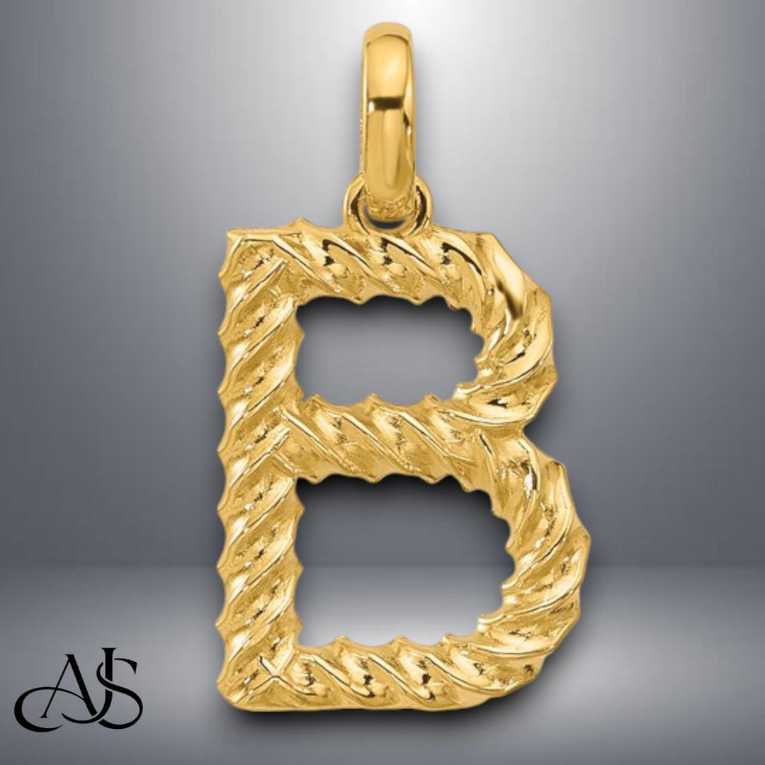 Solid 14K Gold Twist Design Block Letter Pendant Charm - All Letters A-Z