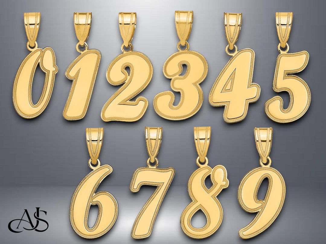 Solid 14K Gold Numbers Pendant Charm - Brush Stroke Font - Single and Double Digit Number