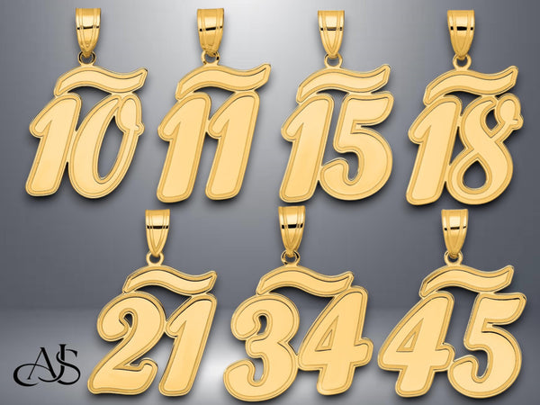 Solid 14K Gold Numbers Pendant Charm - Brush Stroke Font - Single and Double Digit Number