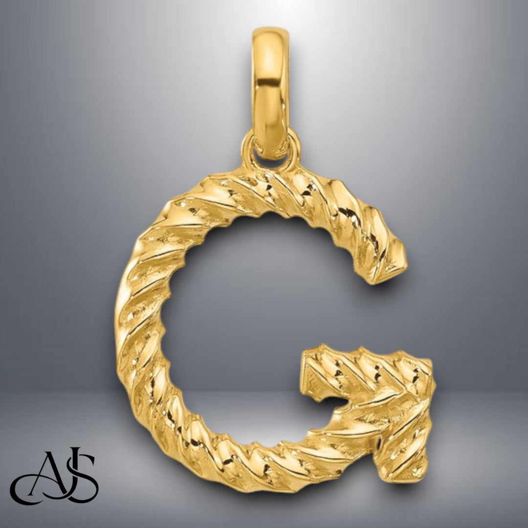 Solid 14K Gold Twist Design Block Letter Pendant Charm - All Letters A-Z